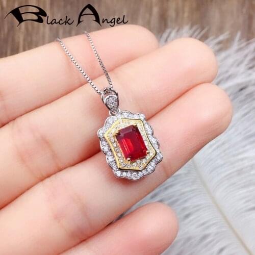 BLACK ANGEL 2020 New 925 Silver Luxury Royal Palace Rectangle Ruby Pendant Necklace For Women Red Gemstone Jewelry Wedding Gift
