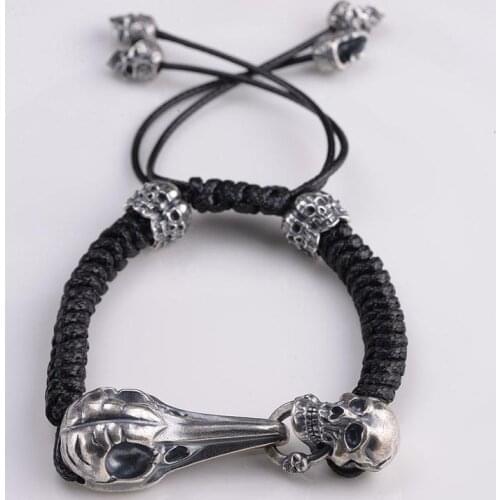 925 sterling Silver & cord Mens skull Skeleton eagle Biker Bangle Bracelet Chain Jewelry A3804