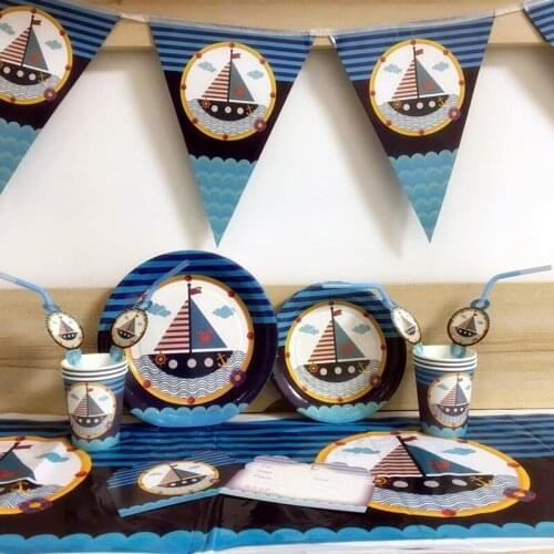 32pcs/set Blue Sailing Boat Theme Disposable Tableware Sets For Kids Birthday Holiday Party Supplies Kids Baby shower Favor