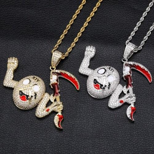 AAA+ Cubic Zirconia Paved Bling Iced Out Personality Grim Reaper Death Scythe Pendants Necklace for Men Hip Hop Rapper Jewelry