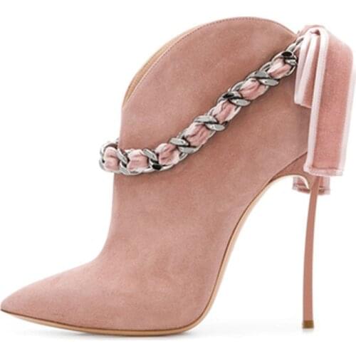 Sexy Autumn Chains Bandage Velvet Back Bowtie Metallic heels Ankle Boots Women Slip on Pointed toe Zapatos Woman Bottines