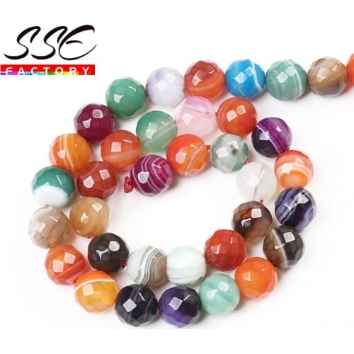 Natural Colorful Stripes Agates Faceted Stone Beads 15"Strand 6/8/10/12 mm For Jewelry Making DIY Bracelet Necklace Accessories