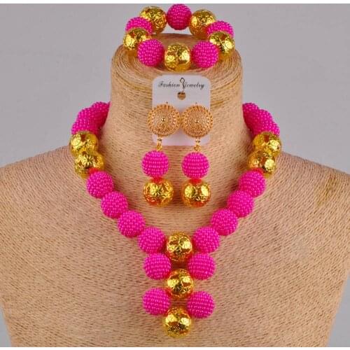 Fuchsia pink costume necklace african jewelry set simulated pearl nigerian wedding beads FZZ30