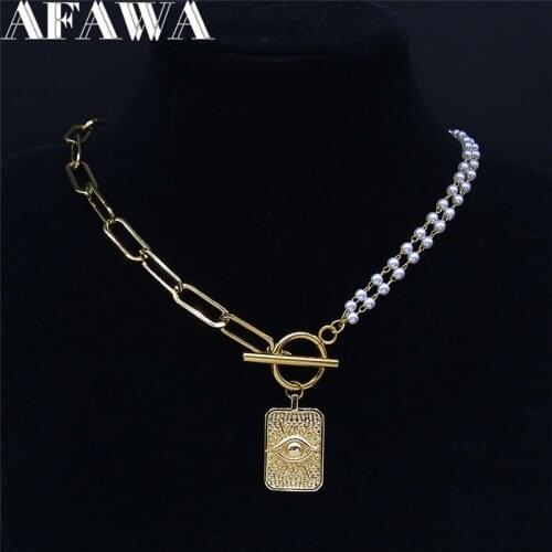 Hip Hop Islam Turkey Eye Brand Chokers Necklace Gold Color Pearl Stainless Steel Necklace Jewelry collar personalizado NK189S03