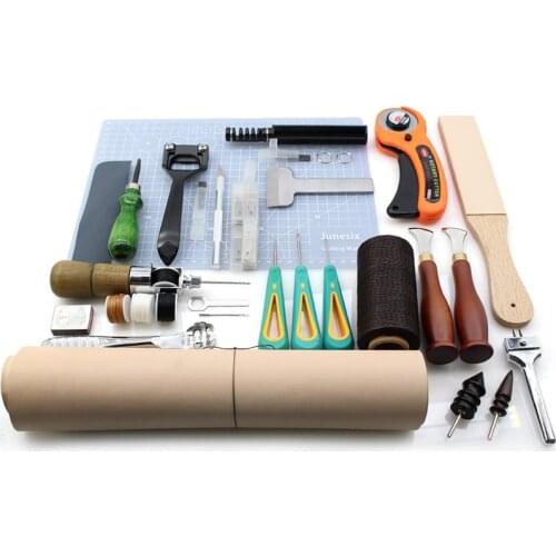 Leather Craft Work Tool - Cutting Mat Edge Thinning Carving Knife Cutter Vegetable Tanning Leather Kit Button Puncher Set Sewing