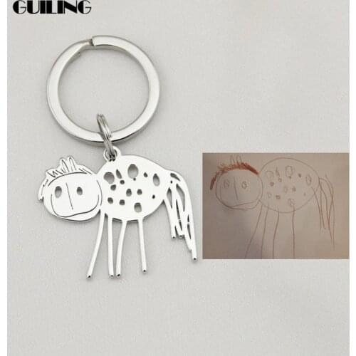 Dainty Custom Children Cartoon Drawing Cut Pendant Key Chain Stainless Steel Logo Photo Keychain Kids Memorial Gift Accessories