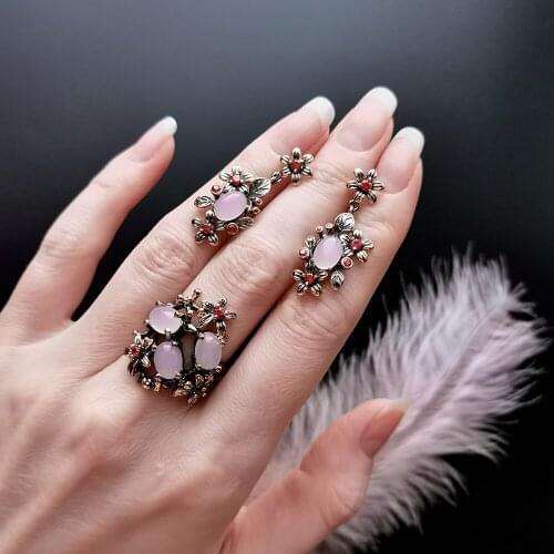 Beautiful Pink Red Crystal Earrings Ring Jewellery Flower Vintage Black/Gold Color Statement 2pcs Jewelry Sets