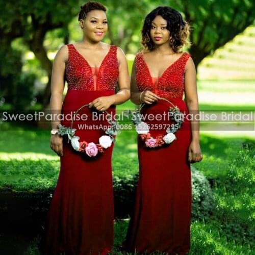 Sparkly Beads Red Bridesmaid Dresses Long Mermaid Plunging Neck Sleeveless Maid Of Honor Dress Robe De Soiree De Mariage