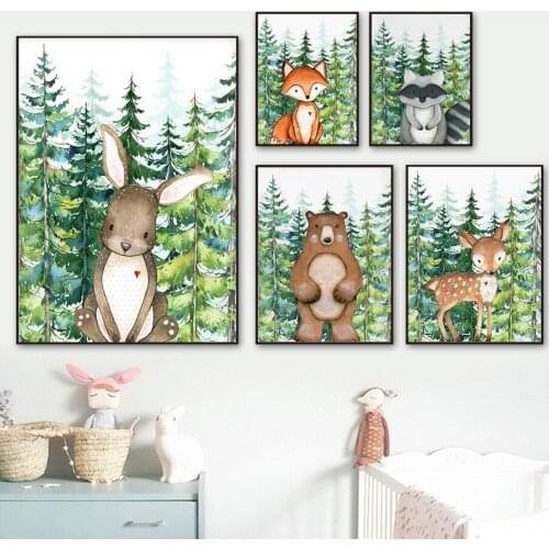 Rabbit Fox Bear Deer Raccoon Forest Animal Wall Art Canvas Painting Nordic Posters And Prints Wall Pictures Baby Kids Room Decor