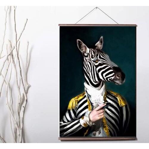 Lot style Choose Nordic Rabbit Cat Animal Zebra Lion Art Canvas print poster decoration painting with solid wood hanging scroll