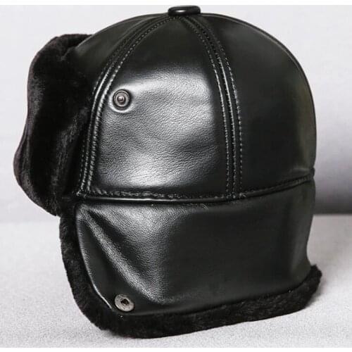 XdanqinX Men Winter Thicker Velvet Bomber Hat Mens Earmuffs Caps Genuine Leather Cap Warm Sheepskin Leather Ski Cap Dads Hats