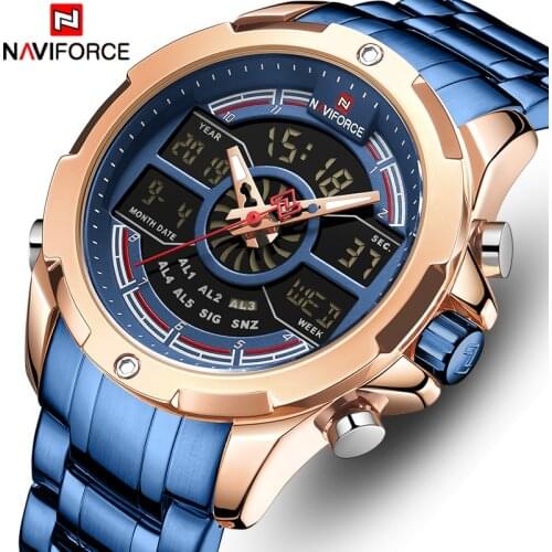 NAVIFORCE Top Brand Mens Sports Quartz Watch Men Full Steel Waterproof Digital Watches LED Analog Male Clock Relogio Masculino