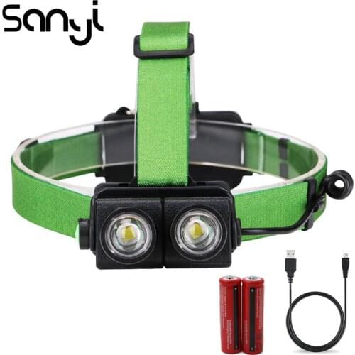 SANYI 2*T6 Headlamp LED Lumen Flashlight Head by 2*18650 Battery Headlight Torch for Camping Night Fishing Hunting
