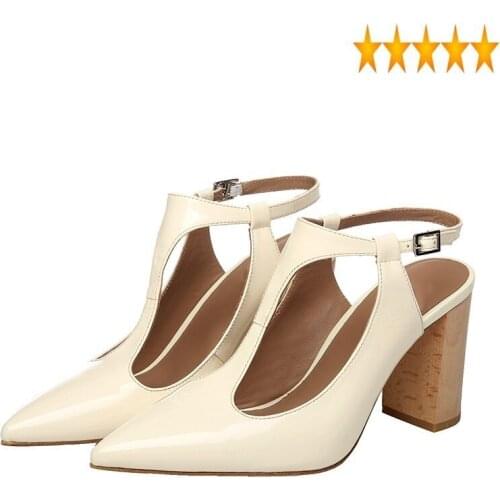 Leather Classic Office Ladies Elegant Shoes Pointed Chunky Heels Summer Fashion Outside Buckle Strap Block Female Heel Sandals