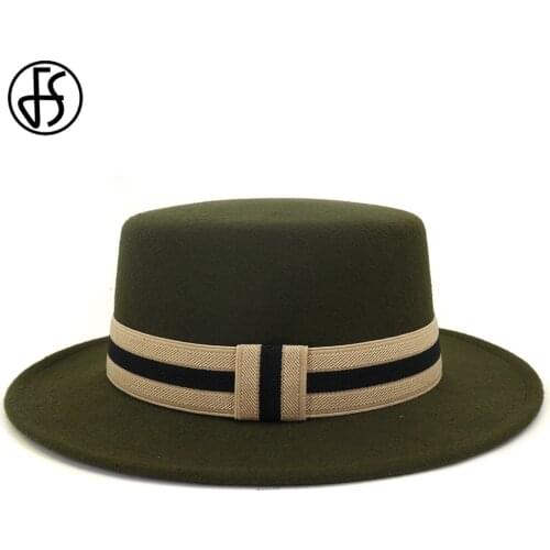 FS Men Women Wool Felt Fedora Bowler Hat with Ribbon Band Elegant Wide Brim Flat Top Party Jazz Cap Black Red Army Green Hats