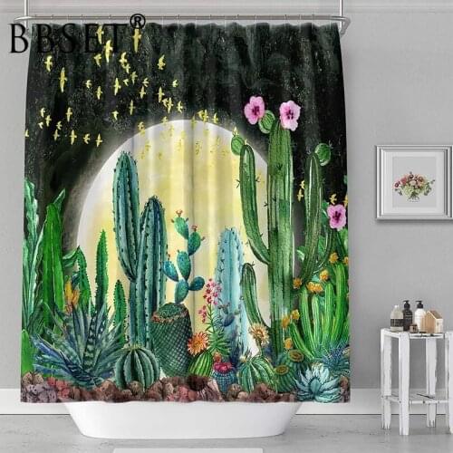 Tropical Cactus Shower Curtain Cactus Flower Under Moon Night Pattern Waterproof Multi-size Douchegordijn Bathroom Decor
