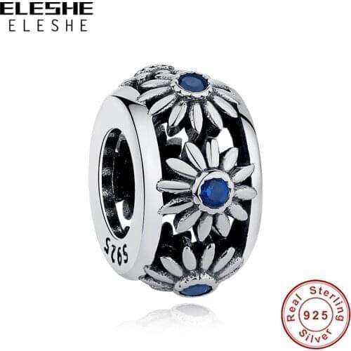 European Daisy Blossom Flower Spacer Beads Blue CZ 925 Sterling Silver Bead Charms Fit Bracelet Jewelry Making