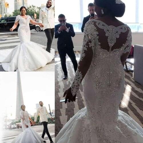 Gorgeous Plus Size Wedding Dresses Lace Appliques Beaded Crystal V Neck Mermaid Wedding Dress Long Sleeve Bridal Gowns