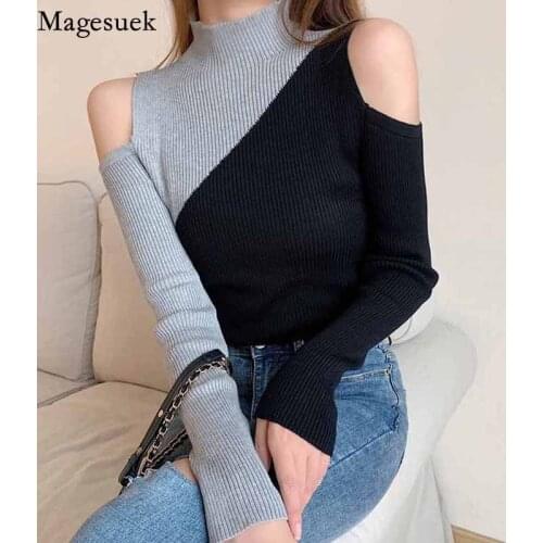 Turtleneck Long Sleeve Pullover Plus Size Women Sweaters Autumn Fashion Chic Contrast Off-shoulder Knitted Bottoming Shirt 12211