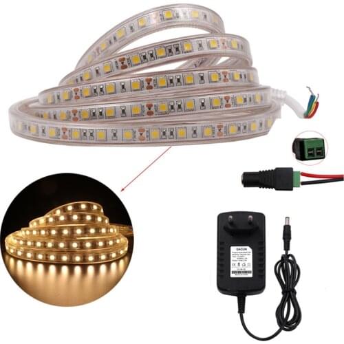 Waterproof Flex Led Strip Light SMD5050 60Leds/m Stripe Flexible Tape Rope 220V 110V to 24V 12V Adapter EU US UK AU Power Supply