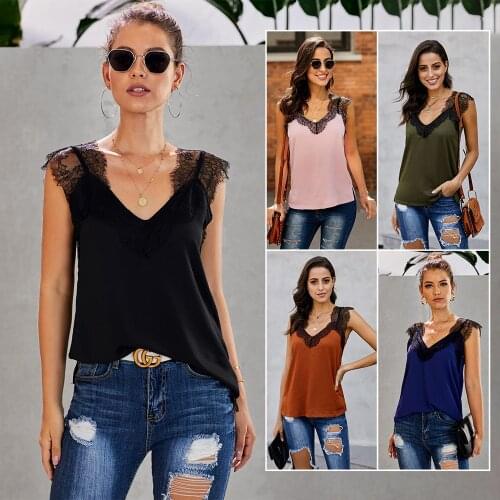 Fashion Outer Wear Vest T-shirt Women 2021 Summer New Style European and American V-neck Sleeveless Lace Stitching Suspender Top