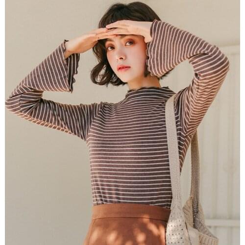 2021 New Spring Autumn Women Basic T-shirt Korean Wave Edge Long Sleeve Stripe T Shirt Female Casual All-match Slim Tees