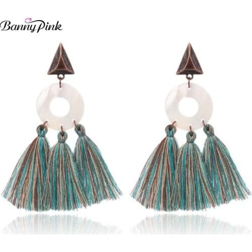 Banny Pink Bohemia Layer Tassel Earrings For Women Vintage Triangle Studs Earrings Ethnic Round Shell Pendant Post Earrings