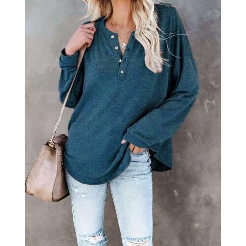 Autumn And Winter 2021 Casual Long Top Solid Round Neck Pullover Button Long Sleeve T-Shirt Loose And Versatile Womens Wear