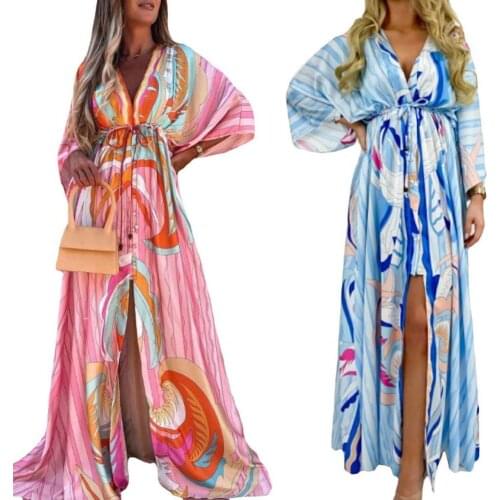 Beach Dress Printed Split Hem Women Deep V Neck Waist Tie Button Dress 2021 New Elegant Summer Boho Long Dresses Women Clothing