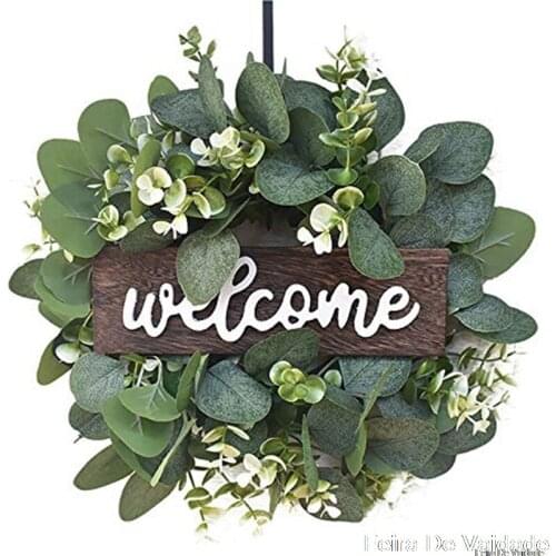 Welcome Sign with Garland Door Decoration Wooden Hanging Sign with Artificial Eucalyptus Farmhouse Porch Decoration Wreath