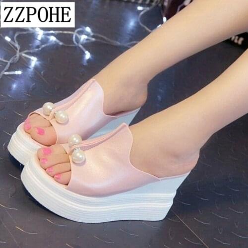 ZZPOHE Women Sandals Summer Fashion Women Leather High Heels Sandals Ladies Platform Flip Flops Wedges Slippers Free Shipping