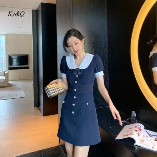 2021 New Temperament Womens French Retro Doll Collar Dress Short Sleeve Elegant Sweet Summer Hepburn Style Dresses Female