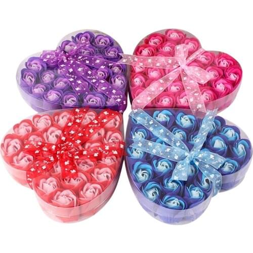 24Pcs Scented Rose Flower Petal Bath Body Soap Wedding Party Gift Red Pink Blue Purple Paper Fancy Soap Artificial Fake Flower