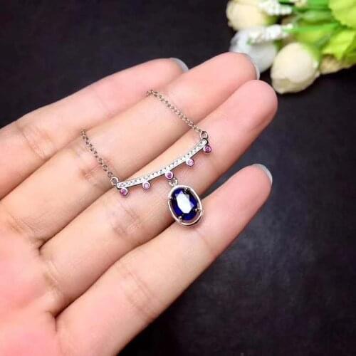 100% Natural and Real Sapphire Necklace Pendant Solid S925 Sterling Silver For Women