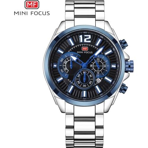MINIFOCUS Multifunction Men Sport Watch Stylish Business Stainless Steel Quartz Wristwatch Waterproof Chronograph Clock For Male