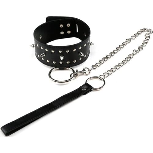 Black Rivet Design Premium Leather Collar Choker Necklace with Chain Lock Dog Flirting BDSM Bondage Fetish for Couples Sex Toy