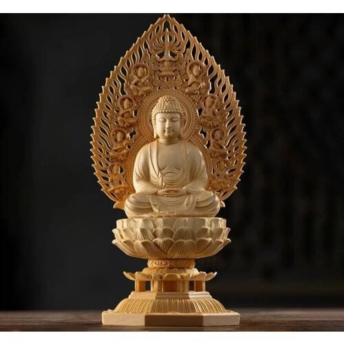 Cypress Wood 28CM Three Buddhas Sculpture Ksitigarbha Sakyamuni Guanyin Wood Buddha Statue Worship Home Decor