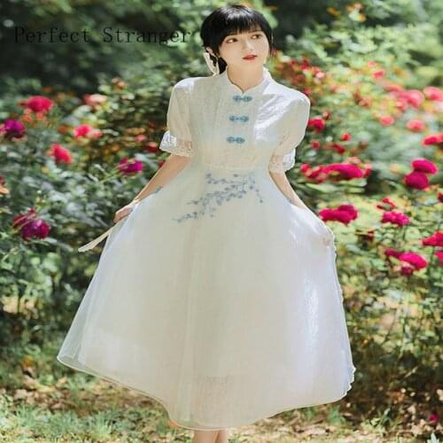 Cheongsam Style High Quality 2021 Summer New Arrival Vintage Stand Collar Flare Collar Lace Long Dress