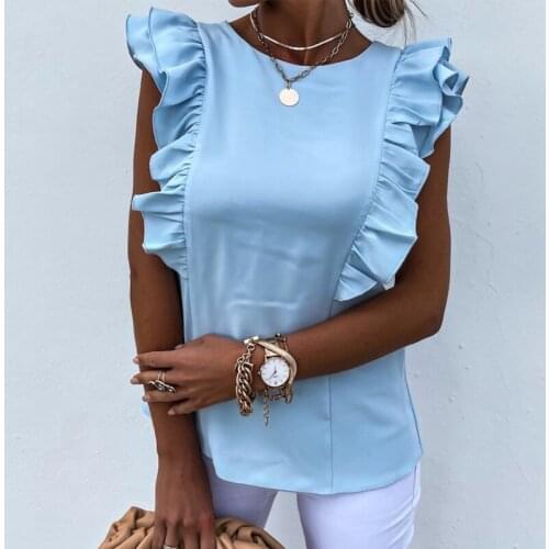 Elegant Women Solid Ruffle Blouses Shirts Sexy Back Hollow Out Tie-Up Bow Shirt Tops Office Lady O Neck Sleeveless Design Blusas