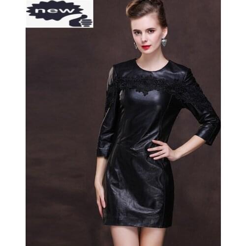 Elegant Ladies Formal Banquet Party Crochet Lace Dress Top Brand Genuine Leather Women Slim Fit Mini Length A Line Vestidos