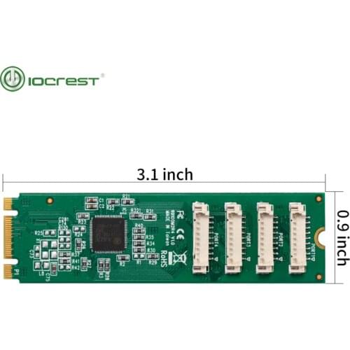 IOCREST M.2 Ngff B Key and M Key to 4 Ports RS232 Db9 Card Mutil Serial Port Controller Add on Cards 4-RS232 Port Green 22x 80mm