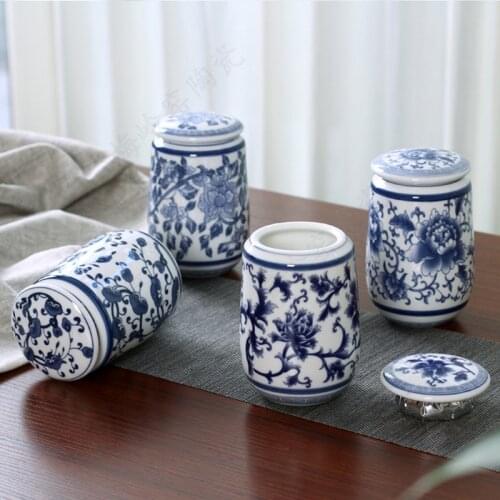 Ceramic Small Tea Cans Household Blue and White Porcelain Storage Jars Kitchen Condiment Distribution Jars Desktop Decorations