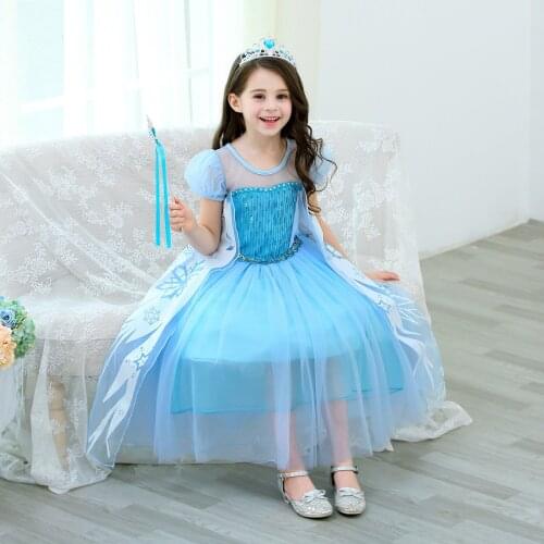 Girls Elsa Princess Costume Dress Children Princess Party Dance Elsa Dress Halloween Costumes Queen Elsa dress with Wand Crown
