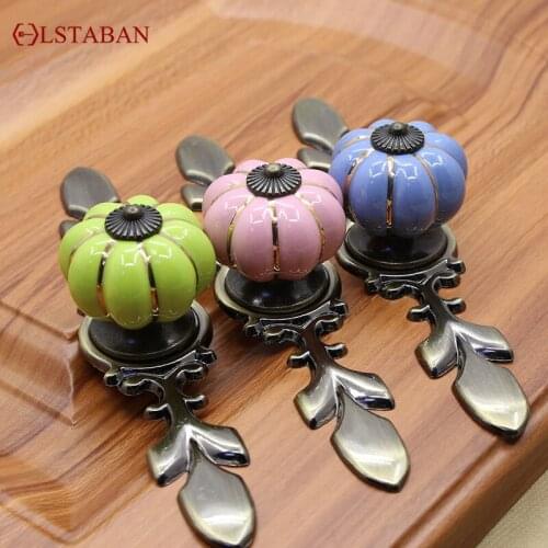 LSTABAN Chinese Pastoral Ceramic Pumpkin Style Zinc Alloy Handle Cabinet Drawer Shoe Cabinet Door Single Hole Wardrobe Handle