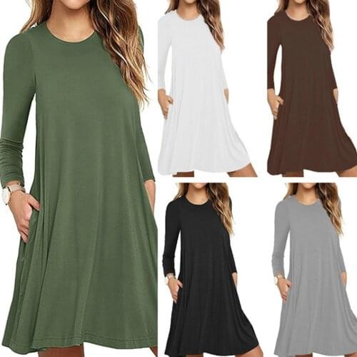 Casual Wear Loose Fashion 2020 Plain Dress With Pockets For Women Long Sleeve Sukienka Round Neck Pullover Elegant Party Dress