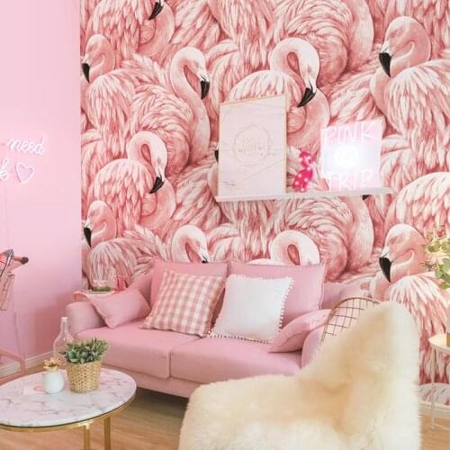 Nordic style pink wallpaper flamingo girl heart background wallpaper bedroom living room modern minimalist princess powder