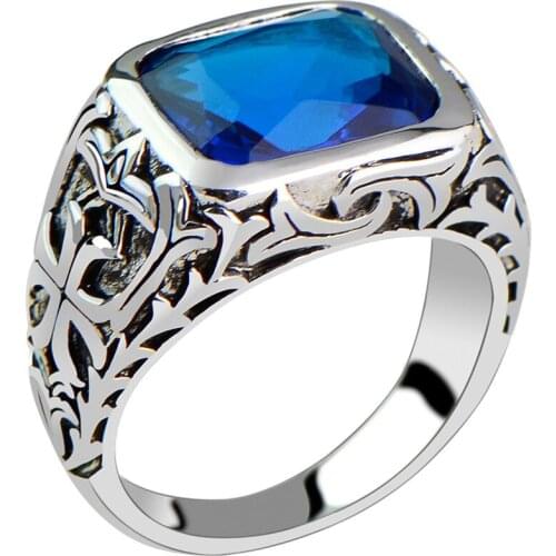 SA SILVERAGE Silver 925 Sterling Silver Jewelry Marcasite Blue Crystal Mens Fashion Pattern Ring Wedding Rings for Couples