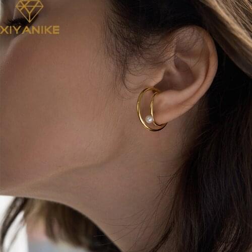 XIYANIKE 925 Sterling Silver Big Pearl Double Circle Single Clip Earring Female Fashion Golden Temperament Charm Hypoallergenic