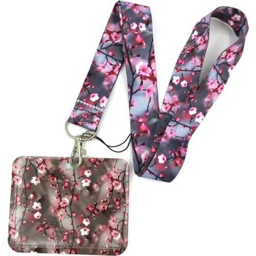 Cherry Plum blossom Tree Flowers Lanyard Credit Card ID Holder Bag Student Women Travel Card Cover Badge Keychain Decoration