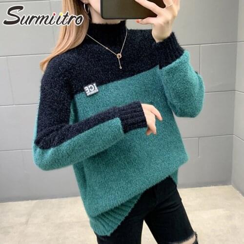 SURMIITRO Faux Mink Cashmere Knitted Sweater Women 2021 Autumn Winter Turtleneck Korean Style Long Sleeve Jumper Pullover Female